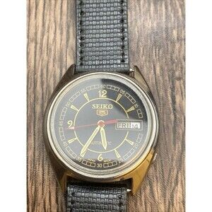 Seiko 5 Automatic Watch Some Black Nautical  Dial With Day Date Working New Band